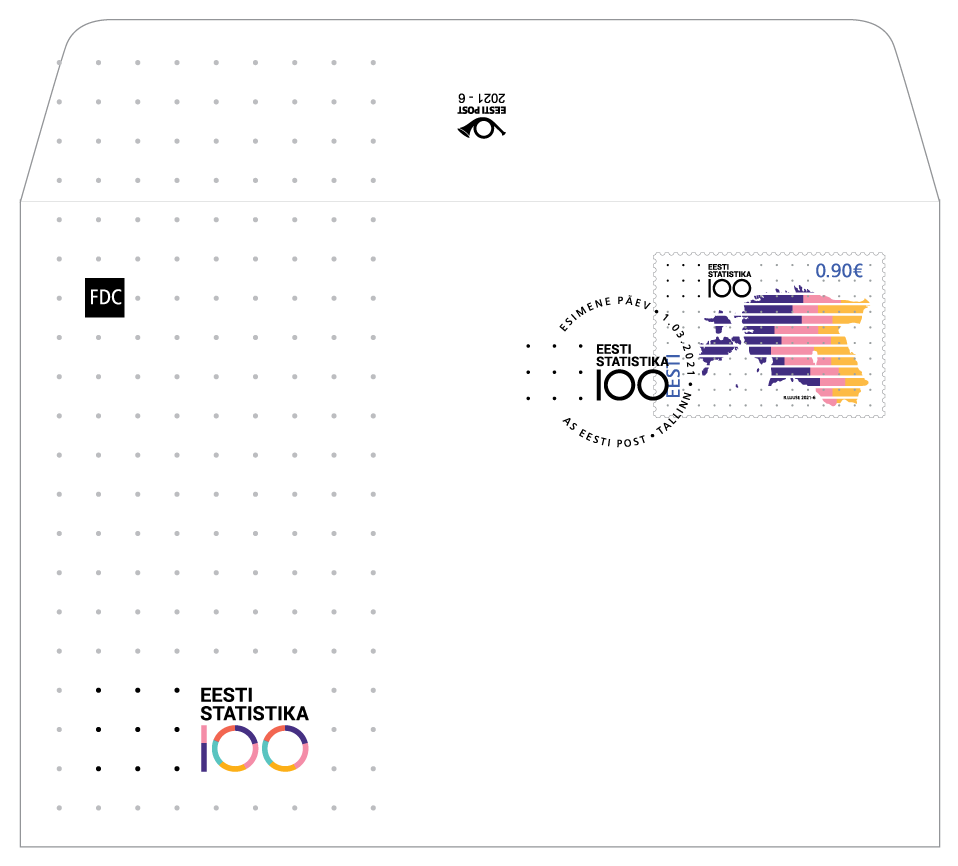 Stamp, created for Statistics Estonia's 100th anniversary, on an envelope