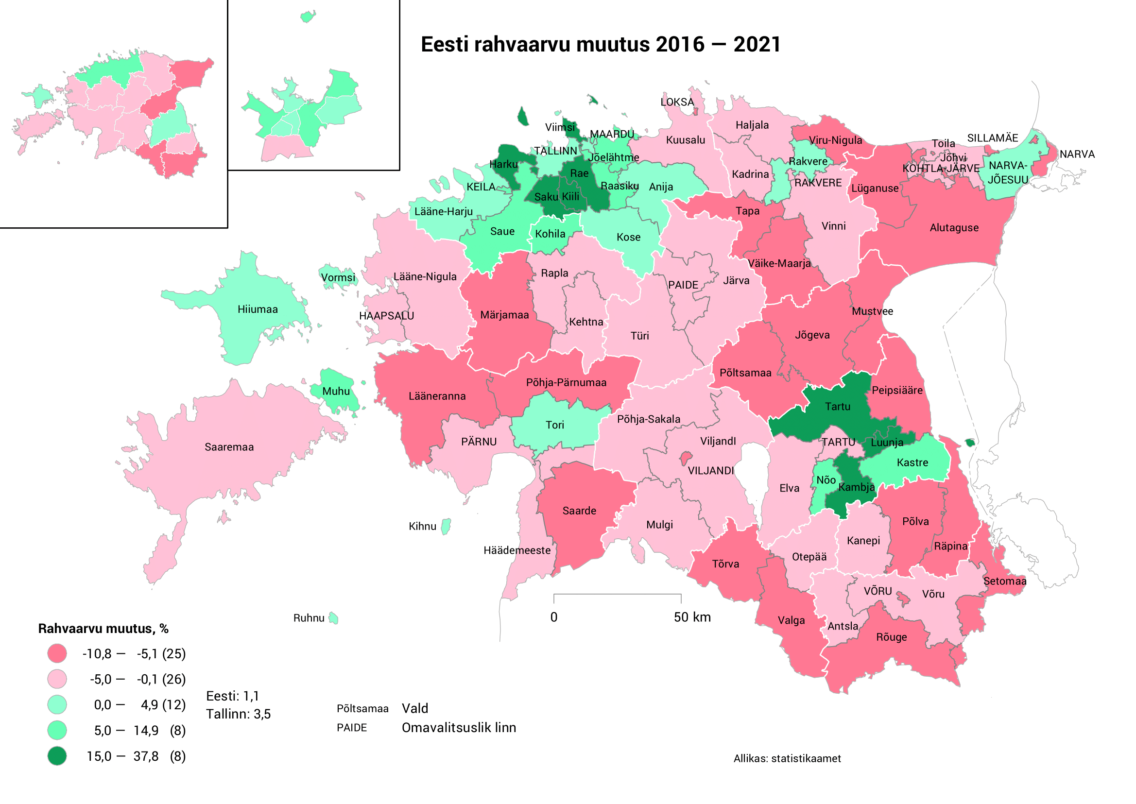 Eesti rahvaarvu muutus 2016–2021