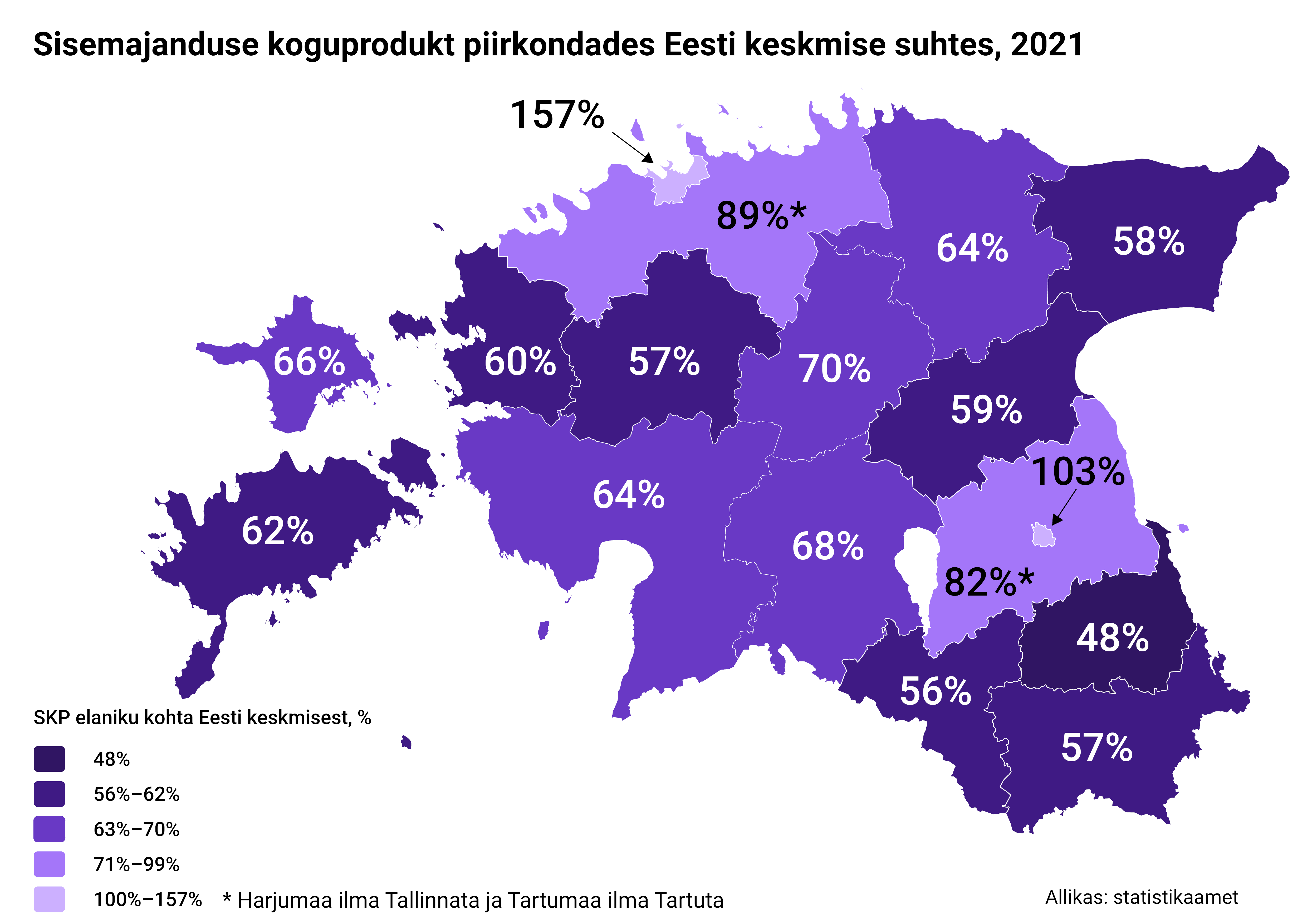 Regionaalne SKP inimese kohta maakondades ja suuremates linnades, 2021