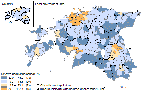 Map 1. Relative population change in local government units, 2000–2011