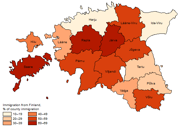 Map: Immigration from Finland as a share of total immigration by county, 2013