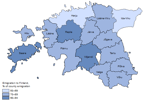 Map: Emigration to Finland as a share of total emigration by county, 2013