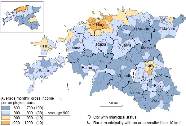 Map: Average monthly gross income per employee in local government units, 2013