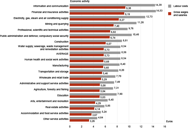 Diagram: Average hourly gross wages and salaries and hourly labour costs, 2013