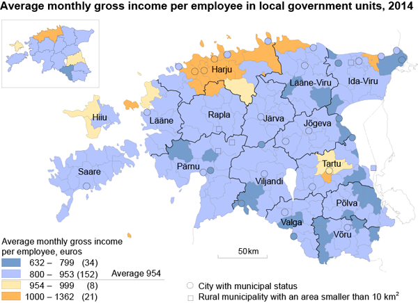 Diagram: Average monthly gross income per employee in local government units, 2014