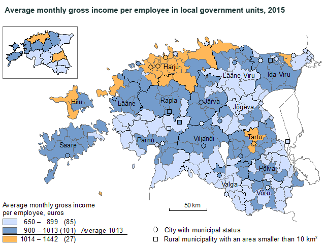 Map: Average monthly gross income per employee in local government units, 2015