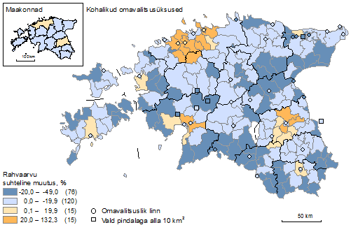 Joonis 1. Rahvaarvu suhteline muutus omavalitsusüksustes 2000-2011