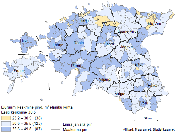 Diagramm: Asustatud tavaeluruumide keskmine pind elaniku kohta, 31.12.2011