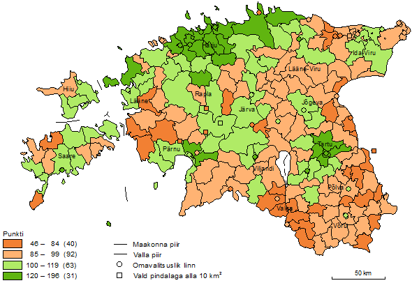 Kaart: Omavalitsusüksuste elujõulisuse indeks, 2011