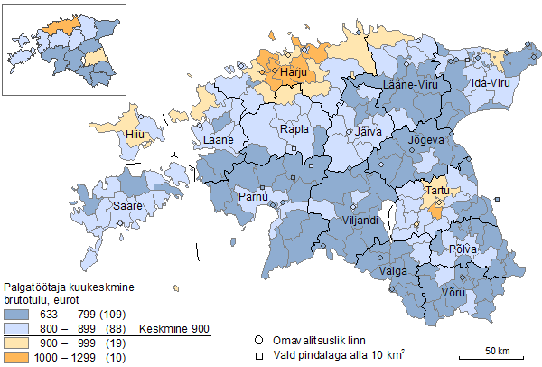 Kaart: Palgatöötaja kuukeskmine brutotulu omavalitsusüksustes, 2013