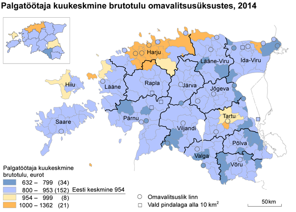 Diagramm: Palgatöötaja kuukeskmine brutotulu omavalitsusüksustes, 2014