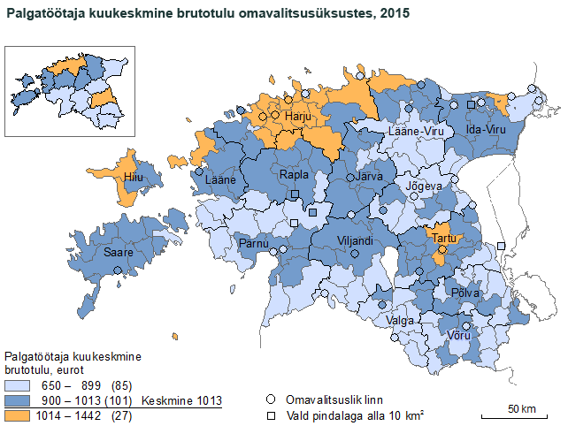 Kaart: Palgatöötaja kuukeskmine brutotulu omavalitsusüksustes, 2015